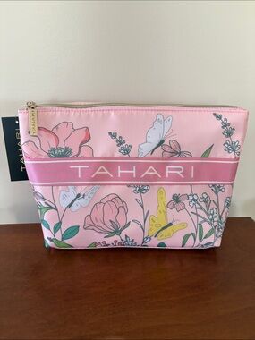 Tahari Pink Floral Cosmetic Pouch with Butterflies